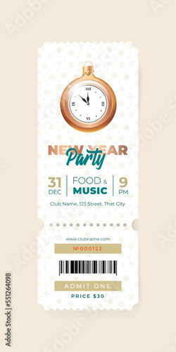 New Year Party ticket template. Illustration of a Christmas ball decorated with a gold clock on a white background with gold snowflakes. Vector 10 EPS.