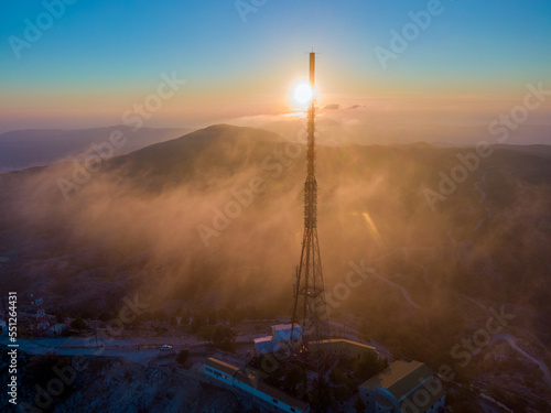 Aerial drone view of Pantokrator in sunset the highest mountain of the Corfu island Greece