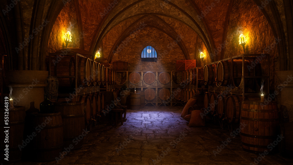 Dark moody medieval inn cellar with barrels of wine and ale lit by candles and fire torches on the wall. 3D rendering.