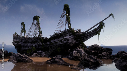 Old rotting wooden pirate ship wreck stranded on rocks by the sea. 3D illustration.