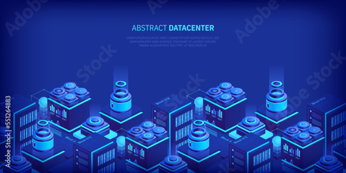 Hosting server isometric vector illustration. Abstract 3d datacenter or blockchain background. Network mainframe infrastructure website header layout. Computer storage or farming workstation.