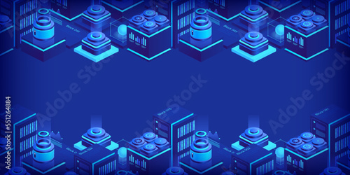 Hosting server isometric vector illustration. Abstract 3d datacenter or blockchain background. Network mainframe infrastructure website header layout. Computer storage or farming workstation.