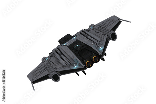 Fototapeta Naklejka Na Ścianę i Meble -  Science fiction fantasy space ship flying away viewed from behind. Isolated 3D illustration.