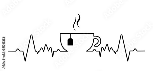 Heartbeat wave. Cartoon fresh cup of thea in the morning. For coffee or tea bar. Relaxing, chill, motivation, inspiration message concept. Just moments, first break time.