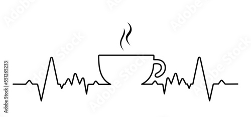 Heartbeat wave. Cartoon fresh coffee cup of thea cup in the morning. For coffee or tea bar. Relaxing, chill, motivation, inspiration message concept. Just moments, first break time.