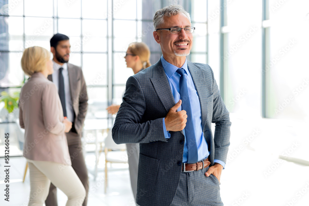 Fototapeta premium Smiling businessman with colleagues in the background in office.
