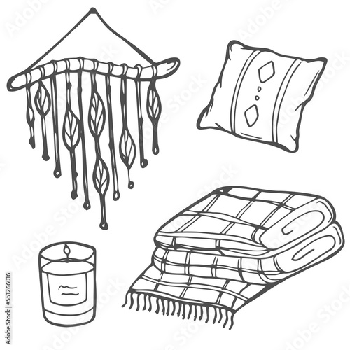 Hand drawn set of home hygge doodles. Coziness and comfortable lifestyle, cozy home. Cushion, plaid, candle and makrame. Vector illustration isolated on white background.