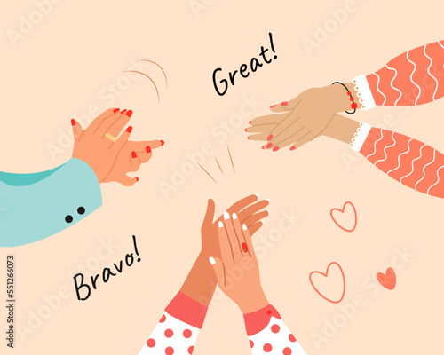 Women's Hands Clapping. Concept of happy Audience appreciation, congratulate Applause. Flat vector illustration. 