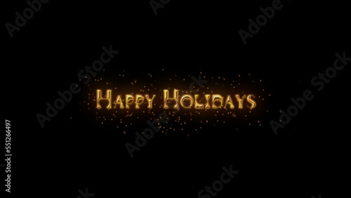 Happy Holidays tittle on a black background with particles. Happy New Year 2023 Greetings Card Abstract Blinking Sparkle Glitter Particle. Merry Christmas. Gold and black