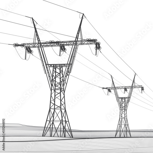 High voltage transmission systems. Electric pole. Power lines. A network of interconnected electrical. City scene. Black otlines on white background. Vector design illustration