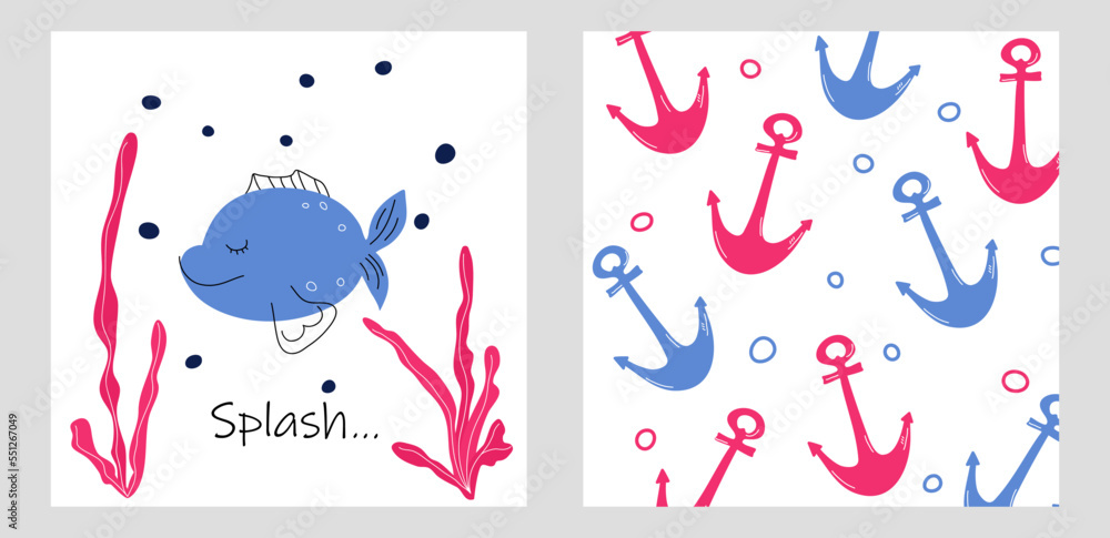 A set of posters with anchors and fish that swim in the reef. hand drawn. Vector Stock Illustration. Doodle. Sea and ocean. Splash. To swim A set of posters with anchors and fish that swim in the reef. hand drawn. Vector Stock Illustration. Doodle. Sea and ocean. Splash. To swim