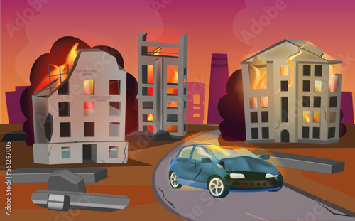 Ruined city with a car. The ruins of the city with destroyed burning buildings and a burned car on the street. War, the aftermath of natural disasters, rocket fire..eps
