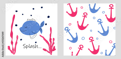 A set of posters with anchors and fish that swim in the reef. hand drawn. Vector Stock Illustration. Doodle. Sea and ocean. Splash. To swim