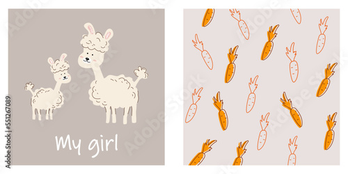 A set of posters with llamas and a pattern with carrots. Children's print. Design in hand drawn style. Vector stock illustration. isolated. Animals