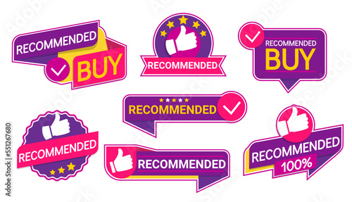 Set of recommend emblems, isolated icons with thumb up emblem as recommendation of best seller or good advice to buy and best choice with positive feedback. Bestseller stickers. Vector illustration.