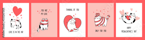 Hand drawn collection greeting cards and posters with cute cats for Valentine's Day