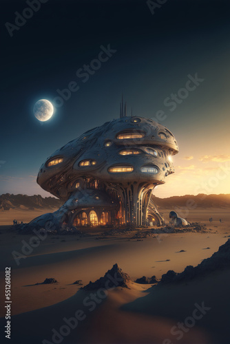 Futuristic architecture on alien planet, space expansion concept, cosmic colonisation