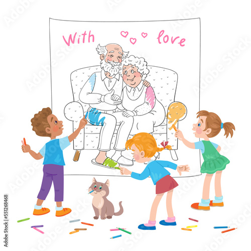 Children coloring a picture as a gift to grandparents. In cartoon style. Isolated on white background. Vector illustration.