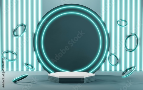 3D render of Podium background in blue tones for displaying cream products. cosmetics