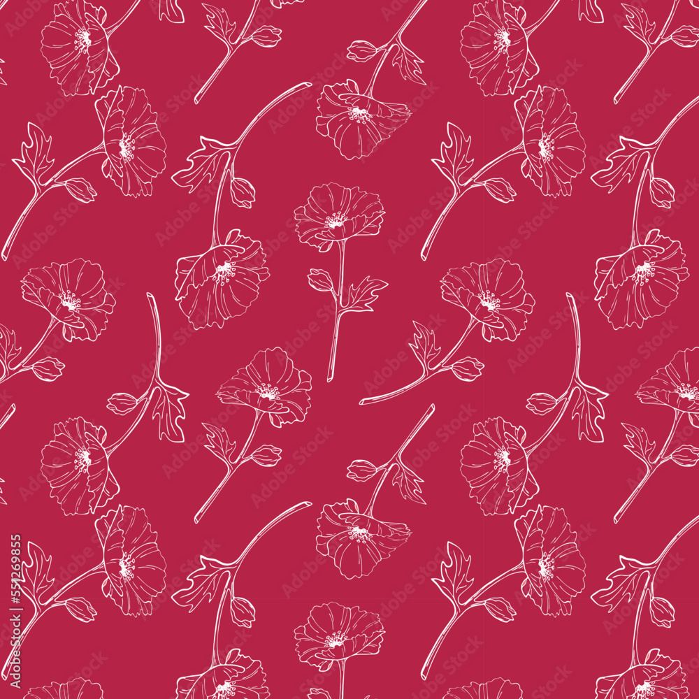 Pattern Viva Magenta color of the year 2023 with white Poppy flower contour. Pattern Viva Magenta color of the year 2023 with white Poppy flower contour.