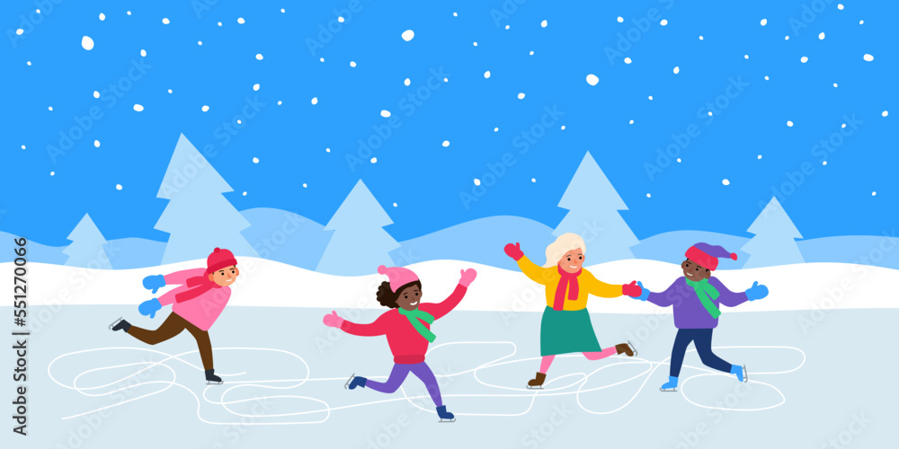happy children skating on ice rink winter holidays vector illustration
