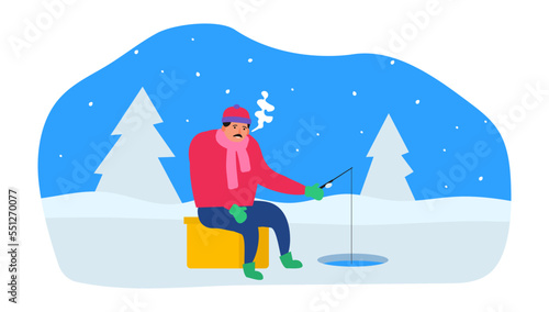 winter ice fishing a fisherman sitting  frozen lake with fishing rod vector illustration