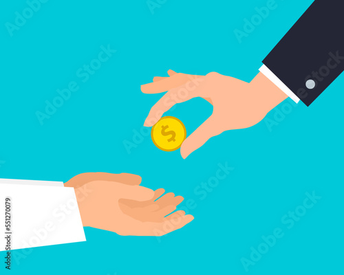rich businessman hand giving alms to poor person vector illustration