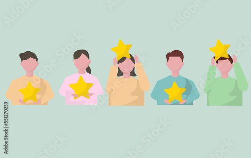 5つ星のレビューをする人々。評価。ベクターイラスト
