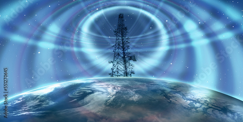 Antenna tower of telecommunication and Phone base station with TV and wireless internet antennas with planet earth "Elements of this image furnished by NASA " © muratart