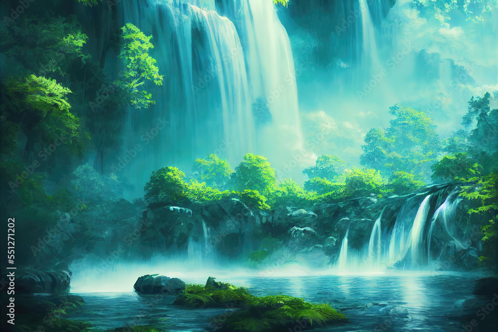 anime painting of an unexplored rainforest with a lot of waterfalls