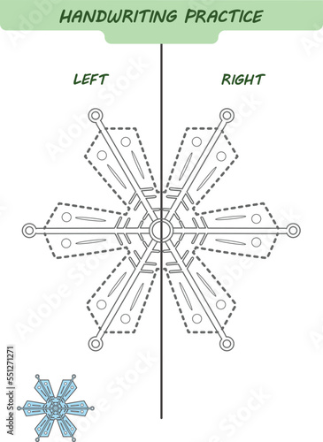 Draw and color a nowflake. Handwriting practice 
sheet for both hands, kids preschool activity, development children game, left and right hemispheres of the brain, vector illustration photo