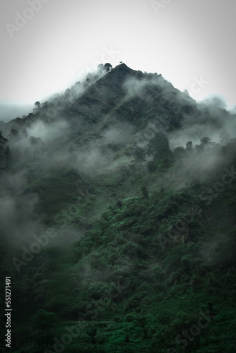 View of green mountains covered in clouds 