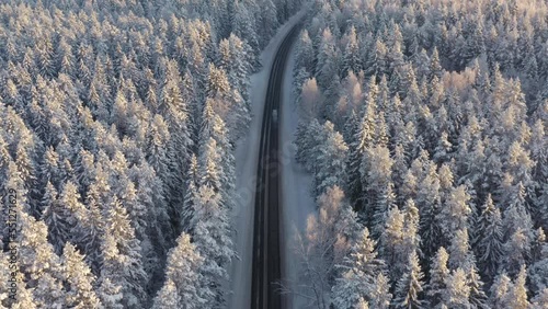 Winter road between snow covered forest at sunset aerial view. Sunny day, sun flare in the top of trees. One car on the road. Establishing shot, background