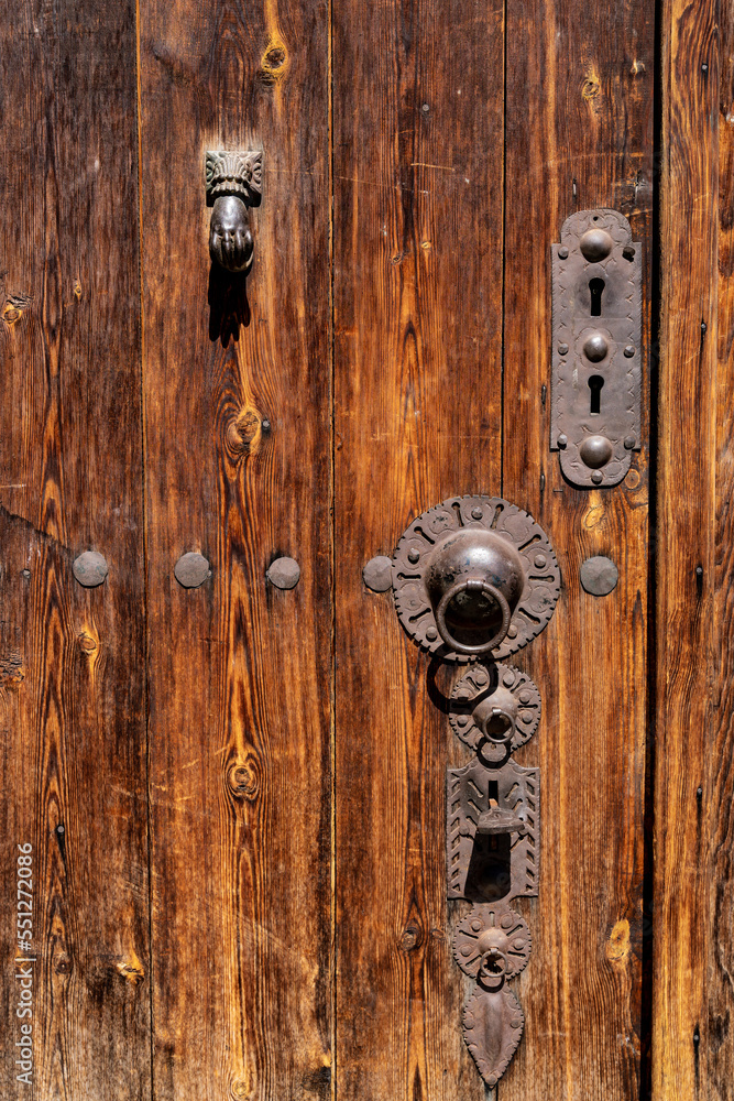 ottoman mansion door handle. wooden door and door handle of historical turkish house. Safranbolu houses door handle