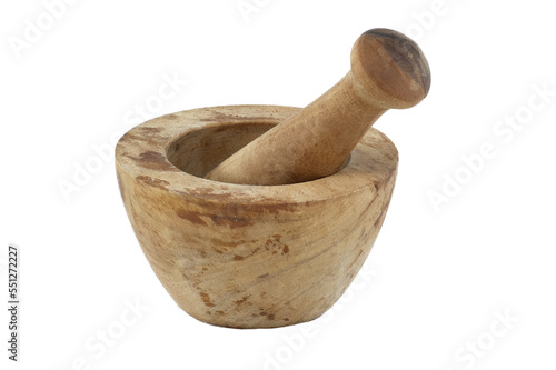 Wooden rustic style mortar and pestle over transparent