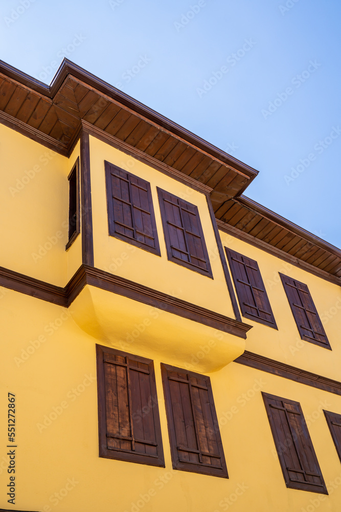 Traditional Ottoman house in Safranbolu. Safranbolu UNESCO World Heritage Site. Old wooden mansion. turkish architecture. Wooden ottoman mansion.Yellow wooden house and wooden window