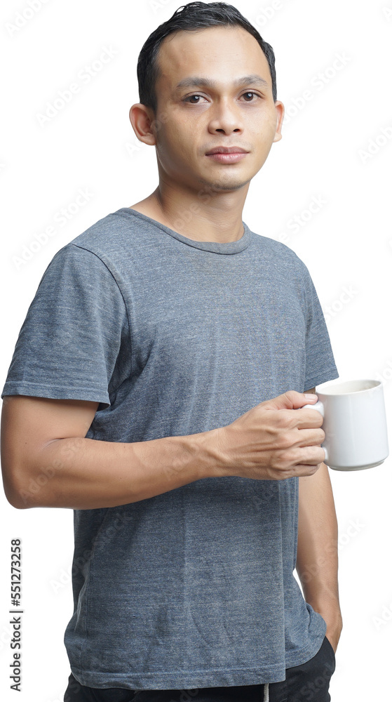 handsome asian man holding cup of coffee on isolated background handsome asian man holding cup of coffee on isolated background