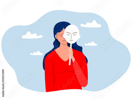 imposter syndrome, Girls Sad covering face expressions ,problems, bipolar, disorder hypocrisy, and split personality Mental health illness and psychological problems concept vector illustrator