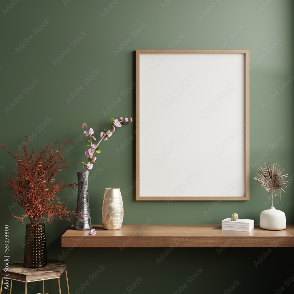 Frame mockup in dark green wall,Loft style. Frame mockup in dark green wall,Loft style.