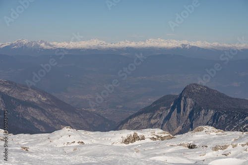 Aerial drone view of Madonna di Campiglio Trentino and ursus snowpark in Val Rendena dolomites Italy in winter photo