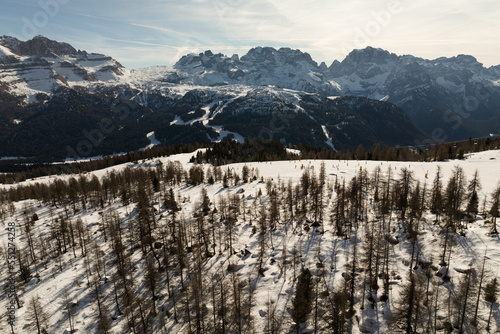 Aerial drone view of Madonna di Campiglio Trentino and ursus snowpark in Val Rendena dolomites Italy in winter photo