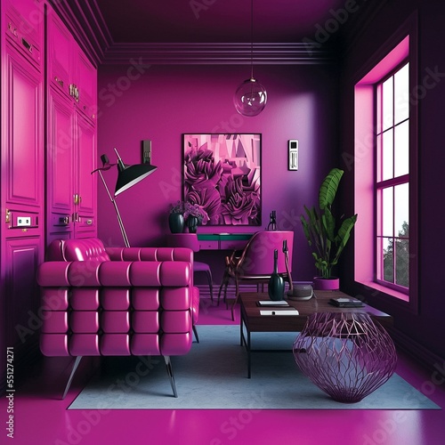 Modern living room magenta hot pink interior, digital illustration