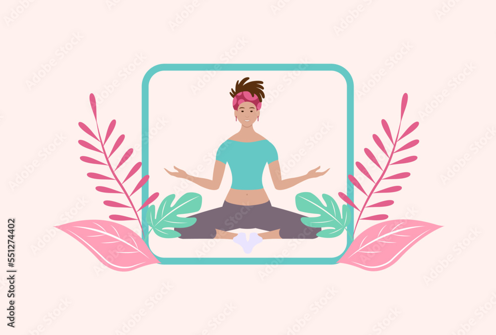 Woman does yoga, meditation, exercise. Sitting on the floor in the Lotus position.