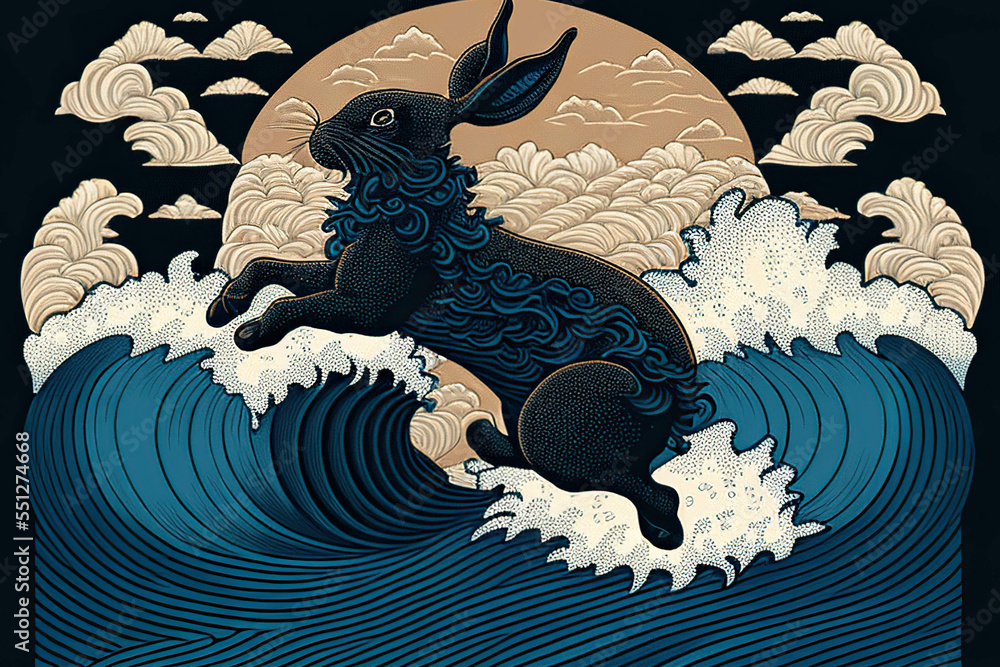 Rampant Rabbit Wave Black rabbit jumping on the waves, black water rabbit, clouds and sun ...