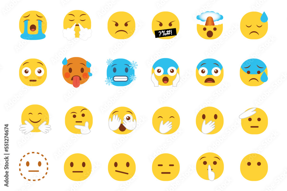 Set of emoticon smiley icons. Cartoon Emoji Set with smile, sad, happy, and flat emotion in flat style Set of emoticon smiley icons. Cartoon Emoji Set with smile, sad, happy, and flat emotion in flat style
