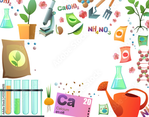 Chemistry and natural fertilizers objects with space for text. Introduction of mineral and organic top dressing to increase yield of vegetables and fruit trees. Isolated on white background. Vector.