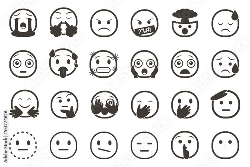 Set of emoticon smiley icons. Cartoon Emoji Set with smile, sad, happy, and flat emotion