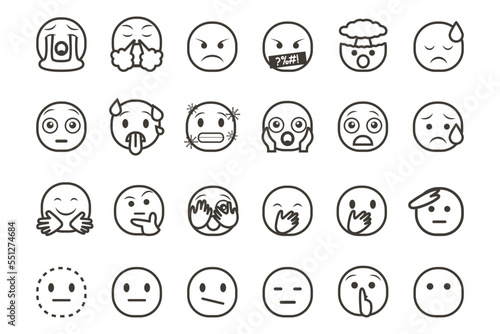 Set of emoticon smiley icons. Cartoon Emoji Set with smile, sad, happy, and flat emotion in line art style