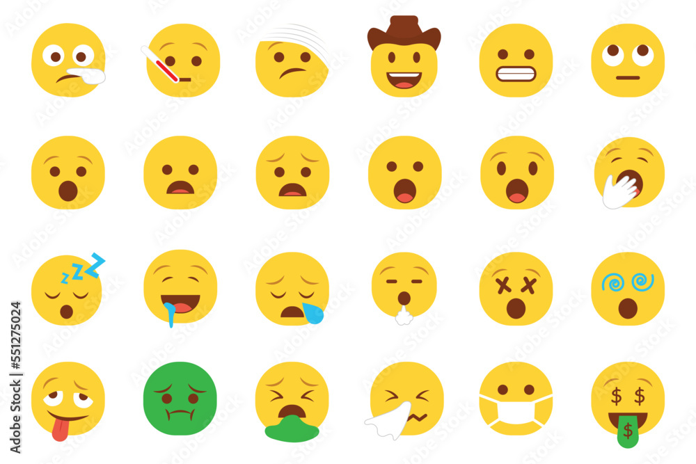 Set of emoticon smiley icons. Cartoon Emoji Set with smile, sad, happy, and flat emotion in flat style Set of emoticon smiley icons. Cartoon Emoji Set with smile, sad, happy, and flat emotion in flat style