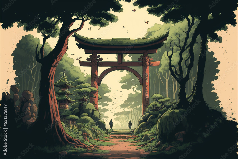 Torii, Japanese Gate, Torii Forest Background, Concept Art, Digital Illustration, Anime